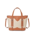 Bolso tote moderno en marrón y beige con textura de cuero de grano litchi y bandolera - Blanco Roto