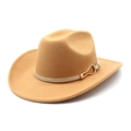 Detail view of khaki wool felt western hat with white leather band and gold buckle - M (56-58cm) / Camel