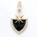 Golden shield cross pendant with black enamel inlay and octagonal star detail - Octagram Shield