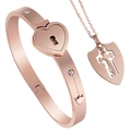 Pulsera con candado de corazón y collar con llave en oro rosa con detalles de cristales - Colgante Corazón Sin Diamante / Oro rosa