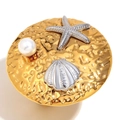 Anillo abierto de oro de 18K con estrella de mar y perla con textura martillada - Dorado (Anillo Abierto Redondo Estrella de Mar Concha Perla)