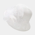 Detail of elegant white organza floral decoration and pearls on a formal bridal hat - White