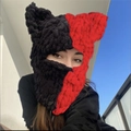 Handmade split red and black crochet cat ear balaclava hood with thick knit texture - 57-59cm / Black Red Split Cat Ears