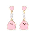 Pink heart ghost earrings with white pearls and cartoon enamel finish for women - Stud Earrings / Pink (Stud Earrings)
