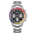 Silver mens chronograph watch featuring a rainbow gemstone bezel and black diamond dial - 1838 Silver Case Black Dial - Steel Strap (Rainbow Bezel Hollow Bottom)