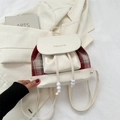 Vintage red plaid drawstring backpack with faux leather stitching and gold fashion logo - White