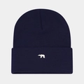Close-up of navy blue knit beanie featuring a white polar bear embroidery detail - One Size / Navy Blue