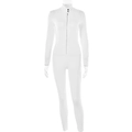 Close-up of white long sleeve bodysuit featuring a stand collar and front zipper detail - S / White