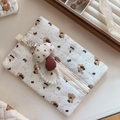 Quilted beige cosmetic bag with cute bear patterns and pearl chain charm detail - Bowknot Elephant & Bear