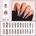 Pink cat eye press-on nails with 3D gold metal crown and colorful rhinestone hearts - Pink Cat Eye Crown Rhinestone Style (CBLCY-347)