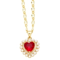 Golden Figaro necklace featuring a red heart pendant with pearls and crystals - Red