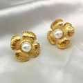 Vintage style 18K gold plated flower stud earrings with center pearl on white silk fabric - Gold Petal Texture Style (TE-15130)
