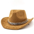 Cappello da cowboy classico in pelle scamosciata marrone scuro con catena d'argento decorativa - M(56-58cm) / Cachi