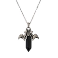 Macro shot of Gothic bat wings holding a black hexagonal crystal pillar on silver chain - Black Agate Stainless Steel Chain
