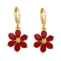 Elegant gold flower earrings featuring red teardrop zircon petals on white background - Red