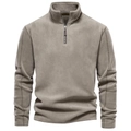 Close-up of the standing collar and half-zipper on the khaki polar fleece sweatshirt - S / Tops / Olive Green