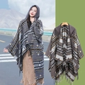 Ethnic style hooded dark gray and brown geometric pattern shawl with tassels - 140x159cm / Gray