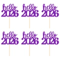 Lot de 6 pics à gâteaux Hello 2026 violet pailleté pour décoration de Nouvel An - hello 2026 / Lot de 6 / Violet
