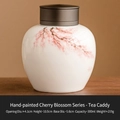 Mini ceramic tea canister with pink cherry blossom pattern and airtight brown lid - White Glaze Hand Painted Cherry Blossom - Alloy Lid Jar