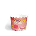 Detail of pink muffin paper cups with cartoon rainbow, clouds and panda balloon pattern - Rainbow Balloon