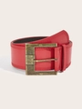 Close-up of red leather wide belt with a large vintage gold-tone square buckle - 7.5CM Wide / Red