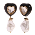 Gouden hart oorbellen met zwart glazuur en barokke parelhangers voor vrouwen - Barok Imitatie Parel Witte Zirconia Emaille Oorknopjes - Zwart