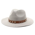Detail of grey straw hat featuring a brown leather band with silver metal studs - M (56-58cm) / Gray
