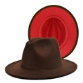 Chapeau Fedora bicolore en feutre de laine marron foncé avec doublure rouge élégante - M (56-58cm) / Café + Rouge