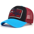 Close-up of 3D Style embroidery and mesh fabric texture on the baseball cap - Wine Red & Blue