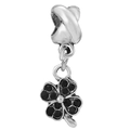 Silver four-leaf clover charm pendant with black pavé crystals for DIY bracelets - Black Clover Dangling Charm