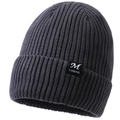 Men's winter dark grey ribbed knit beanie with fleece lining and woven patch - Dark Gray