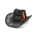 Black hollow-out straw cowboy hat with thin leather band and colorful feather accent - M (56-58cm) / Black