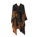 Double-sided poncho shawl featuring black and brown geometric zigzag stripe patterns - Herringbone-Black Orange