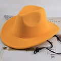 Flat lay of bright yellow wide brim wool felt fedora hat with black windproof rope - One Size 57cm / Plain Yellow