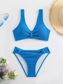 Dettaglio bikini blu reale con tessuto a nido d'ape e design con scollo a V profondo - S / Blu Reale