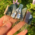 Handmade hair comb with raw green natural crystals and silver crow skull charms - Indian Agate + Silver Crow Skull