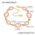 Pink Czech glass stone anklet in 18k gold-plated stainless steel with size dimensions - Oval-Gold Pink Glass (S013)