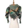 Thick herringbone plaid scarf in green yellow and pink with tassel fringe on mannequin - Green (S2-01#)