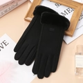 Gants d'hiver thermiques noirs pour femmes avec bordure en fausse fourrure et écran tactile - Taille unique / Étiquette en Cuir Deux Lignes Noir (Double Épais)