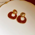 Vintage geometric earrings in gold plating and reddish-brown enamel for women - 16# Silver Pin Enamel Plated Wrinkled Hoop Stud Earrings