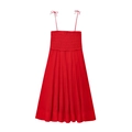 Rotes Midi-Sommerkleid aus Baumwolle mit gesmoktem Oberteil und Schleifenträgern - XS / Rot