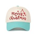 Close-up of Merry Christmas embroidery on a cream and sky blue trucker hat - Lake Blue