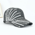 Detailed close-up of a grey mesh baseball cap with pearl and silver stud embellishments - Adjustable / Dark Gray
