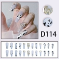 Long trapezoid press-on nails with black cow print, gold butterfly, and pearls, D114 model - D114 (Glue Type)