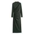 Detail of elegant side ruching and draped fabric on a dark green long sleeve midi dress - XS / Green