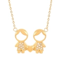 Gold plated stainless steel necklace featuring twin boys holding a crystal heart pendant - Gold Double Boy Heart Style (KN236256-Z)