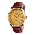 Classic gold quartz watch with brown leather strap, Roman numerals and date display - Gold Case Gold Dial Brown Leather Strap (Men)