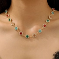 Gold choker necklace featuring colorful round gemstones with white crystal borders - Gold Multicolor Flower Cluster Necklace (7582)
