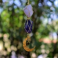 Handmade rose quartz and amethyst crystal moon star car charm hanging with beige woven cord - Rose Quartz + Amethyst (Gold Accessories)