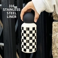 350ml stainless steel vacuum flask with black and white checkerboard pattern and 316 liner - 350ml / Black Spherical Lid / Black and White Checkerboard Style